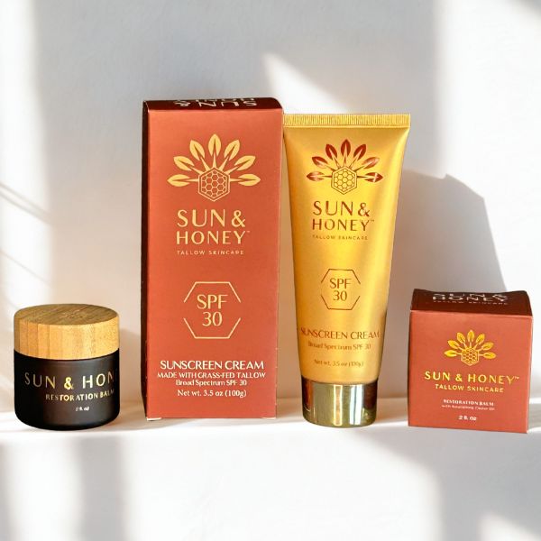Sun and Honey Tallow Skincare with Tallow Face Cream, Tallow Balm and Tallow Sunscreen on white background