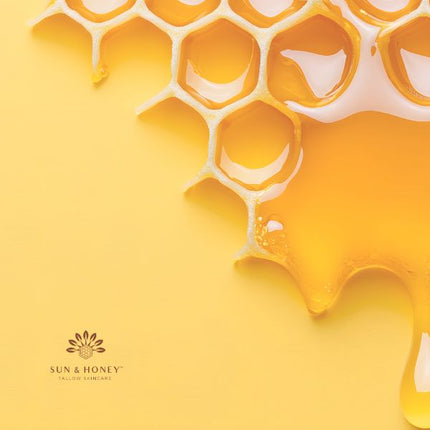image of honeycomb, honey, and beeswax for sun and honey tallow skincare blog post on the beeswax benefits for skincare