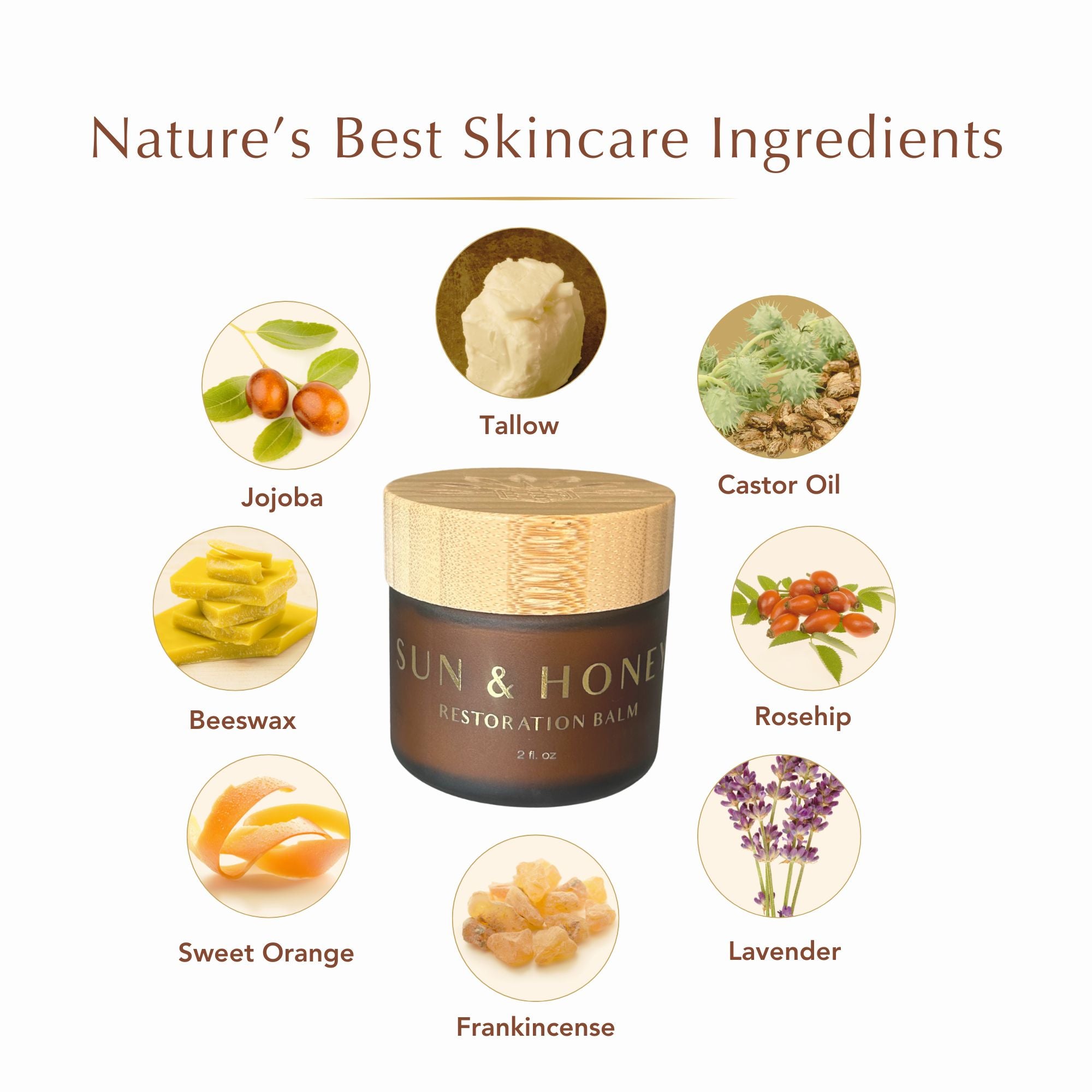Image showing ingredients in Sun and Honey Tallow Restoration Balm with icons