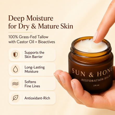 jar of Sun and Honey Restoration Tallow Balm with Skincare benefits listed next to it