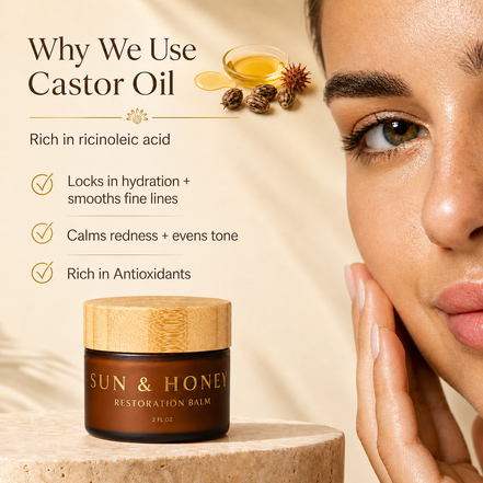 Woman and jar of Sun and Honey Tallow Balm showing benefits of castor oil