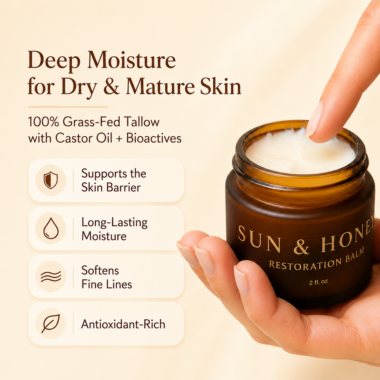 jar of Sun and Honey Restoration Tallow Balm with Skincare benefits listed next to it