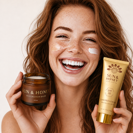 Freckled Woman Holding jar of Sun and Honey Tallow Restoration Balm and Tallow Sunscreen
