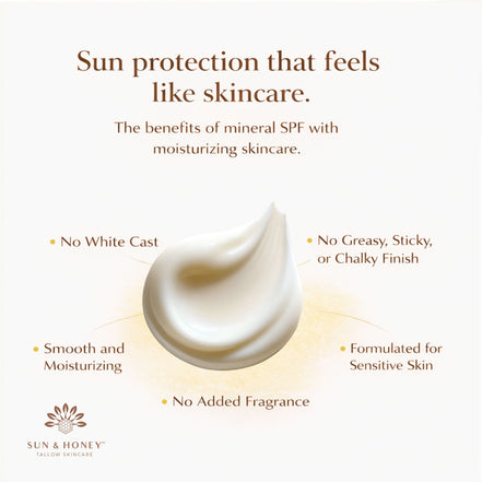 Sun and Honey Sunscreen Cream Texture Shot with words showing benefits no white cast, smooth and moisturizing, no added fragrance