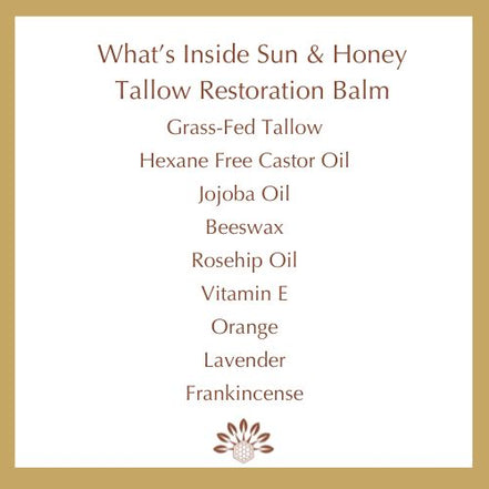 List of ingredients for Sun & Honey Tallow Skincare Tallow Balm on a white background with a gold border and Sun and Honey Tallow Skincare Logo on bottom of page.