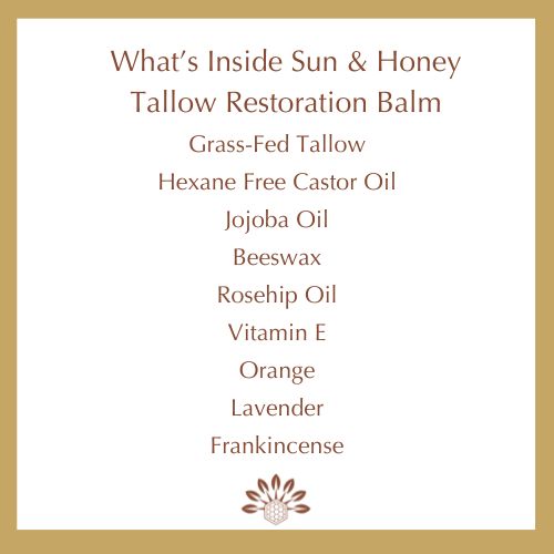 List of ingredients for Sun & Honey Tallow Skincare Tallow Balm on a white background with a gold border and Sun and Honey Tallow Skincare Logo on bottom of page.
