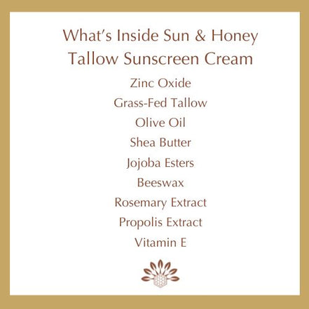List of ingredients for Sun & Honey Tallow Sunscreen Cream on a white background with gold border and Sun and Honey Tallow Skincare logo at bottom of page