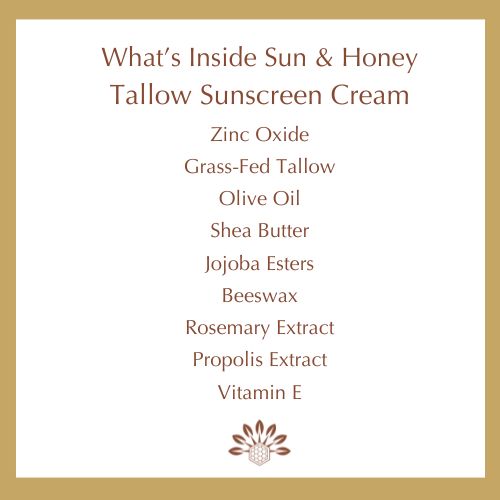 List of ingredients for Sun & Honey Tallow Sunscreen Cream on a white background with gold border and Sun and Honey Tallow Skincare logo at bottom of page