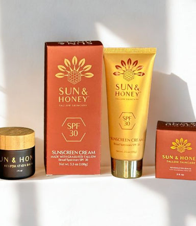 Sun and Honey Tallow Skincare with Tallow Face Cream, Tallow Balm and Tallow Sunscreen on white background